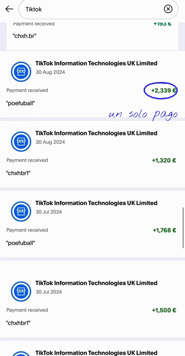Historial de pagos de TikTok del verano de 2024, con un pago de 2.339 €